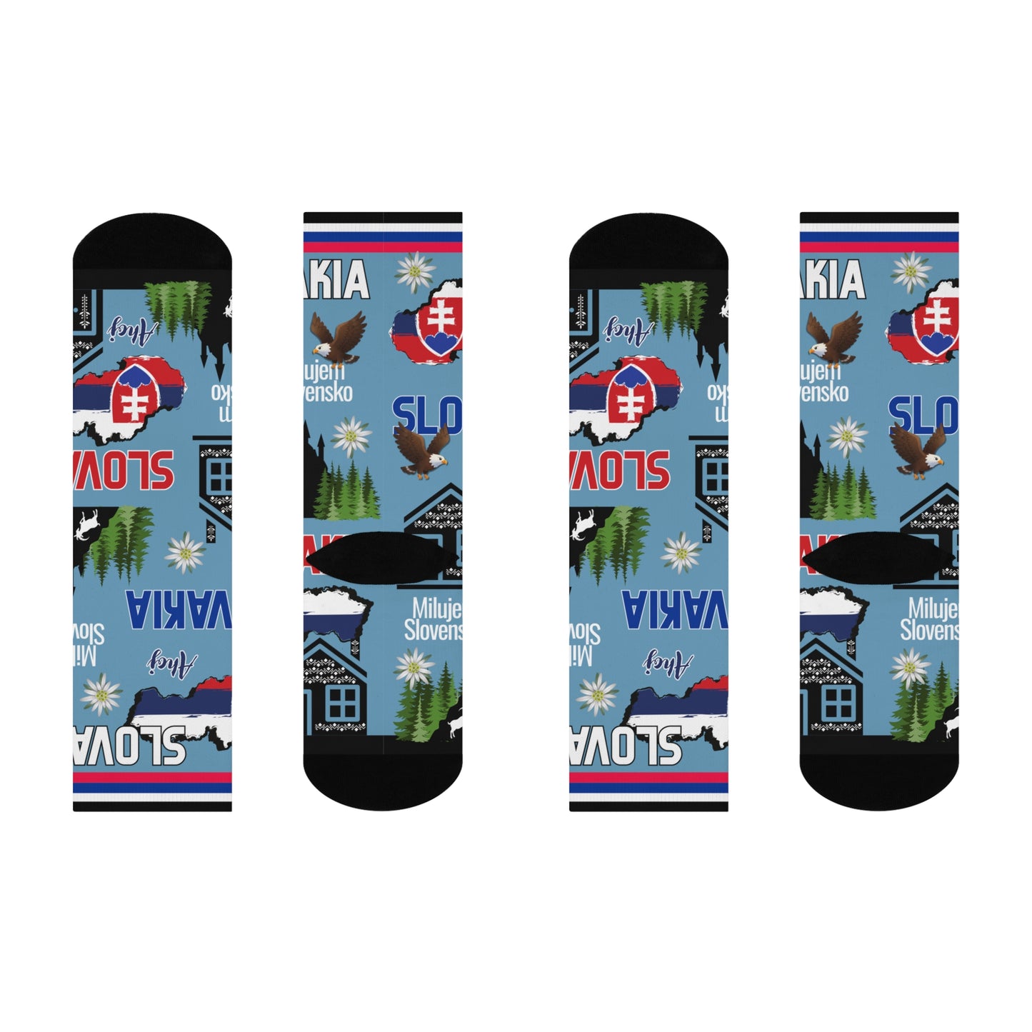 Two pairs of socks with Slovakian design on a white background