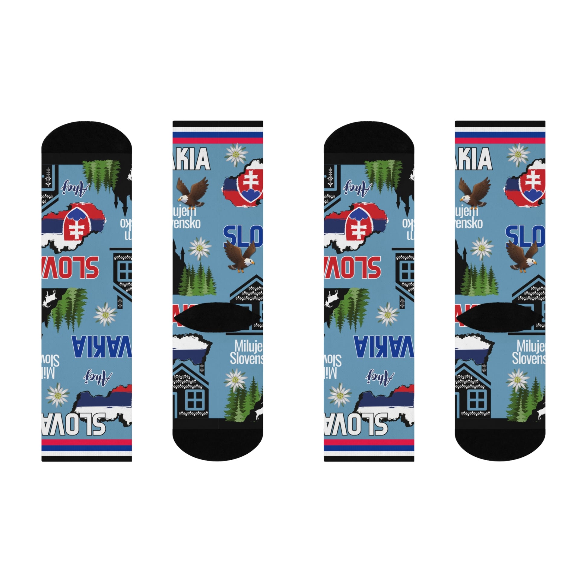 Two pairs of socks with Slovakian design on a white background