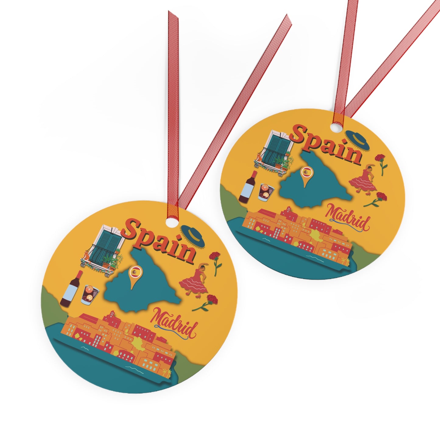 Two circular ornaments with illustrations of Spain and Madrid on a white background