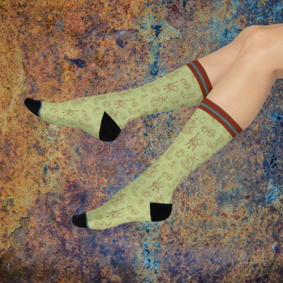 green socks with rust gears and cogs