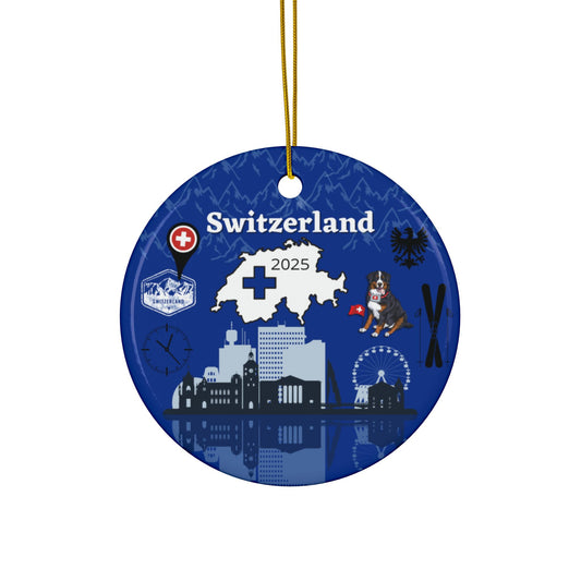 Round blue ornament with Switzerland-themed designs and '2025' on a white background