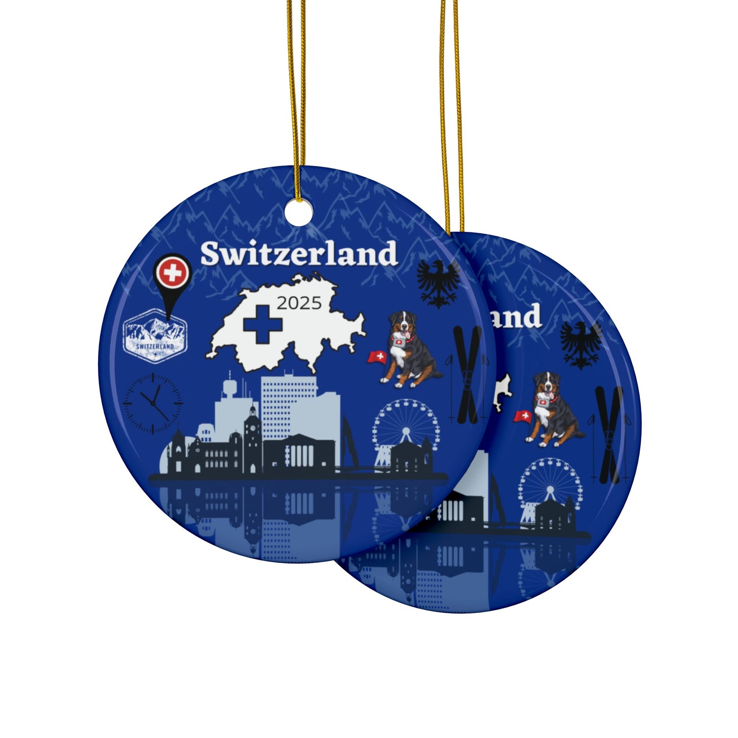 Two blue round ornaments with Switzerland-themed designs on a white background