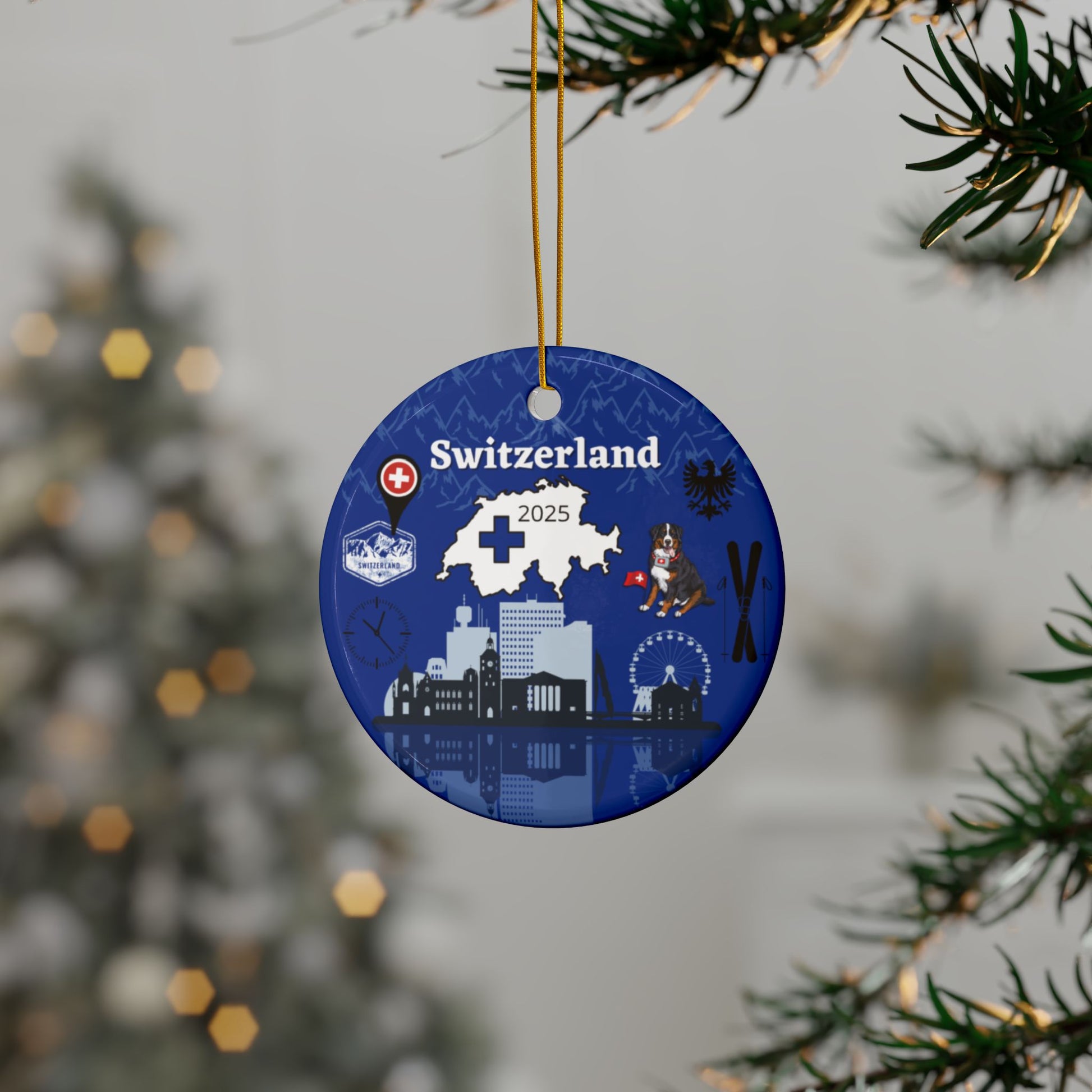 Decorative Christmas ornament with Switzerland design on a tree