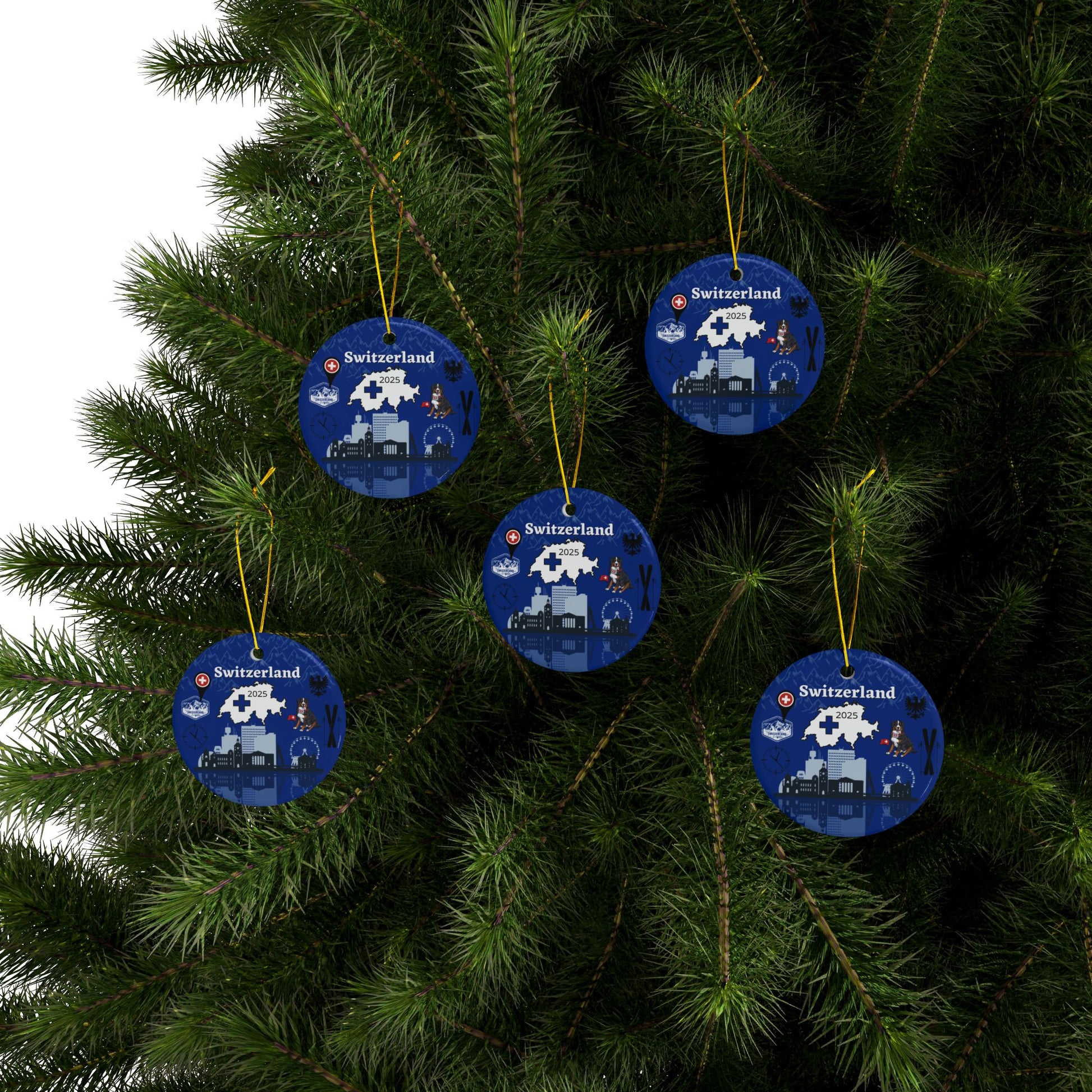Blue Christmas ornaments with Switzerland design on a tree