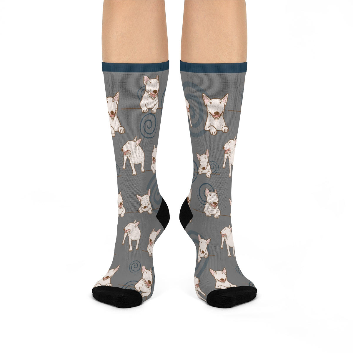 Bull Terrier Crew Socks, slate blue, ivory, and mocha colors, cute, trendy, Bully men's women's, and teen socks - The Dapper Dogg