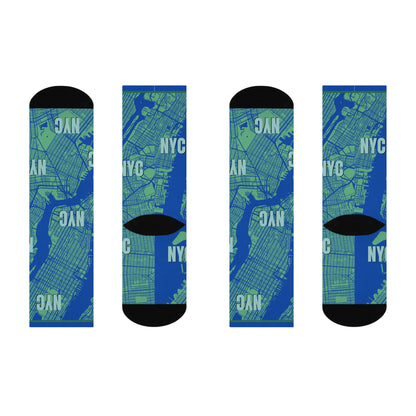 NYC Socks Blue/Green Map Unisex Adult Stretchy Mid Calf Original