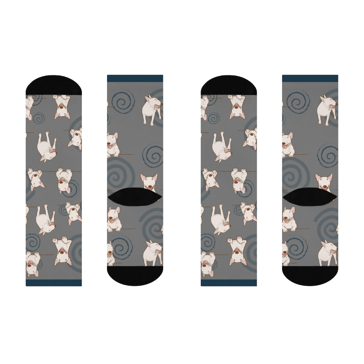 Bull Terrier Crew Socks, slate blue, ivory, and mocha colors, cute, trendy, Bully men's women's, and teen socks - The Dapper Dogg