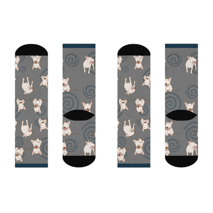 Bull Terrier Crew Socks, slate blue, ivory, and mocha colors, cute, trendy, Bully men's women's, and teen socks - The Dapper Dogg