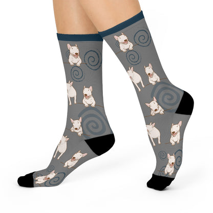 Bull Terrier Crew Socks, slate blue, ivory, and mocha colors, cute, trendy, Bully men's women's, and teen socks - The Dapper Dogg