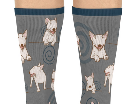 Bull Terrier Crew Socks, slate blue, ivory, and mocha colors, cute, trendy, Bully men's women's, and teen socks - The Dapper Dogg