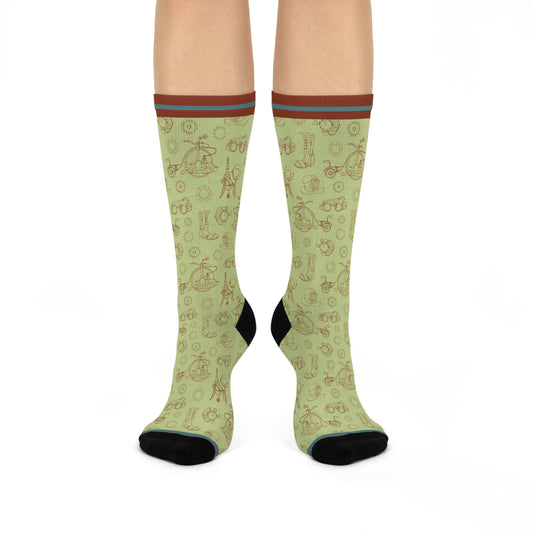 green socks with rust gears and cogs