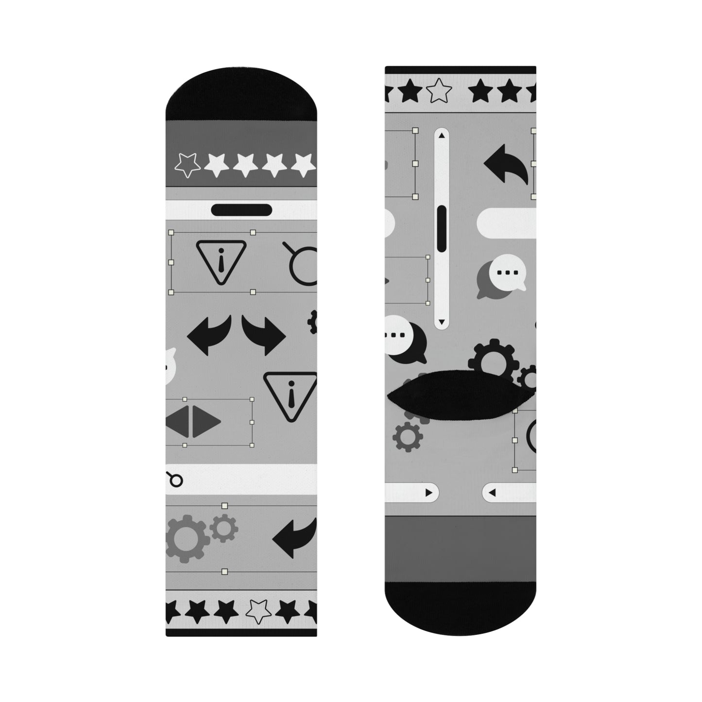 A pair of gray socks with a design of stars, gears, and other graphic elements related to user experience (UX) design.