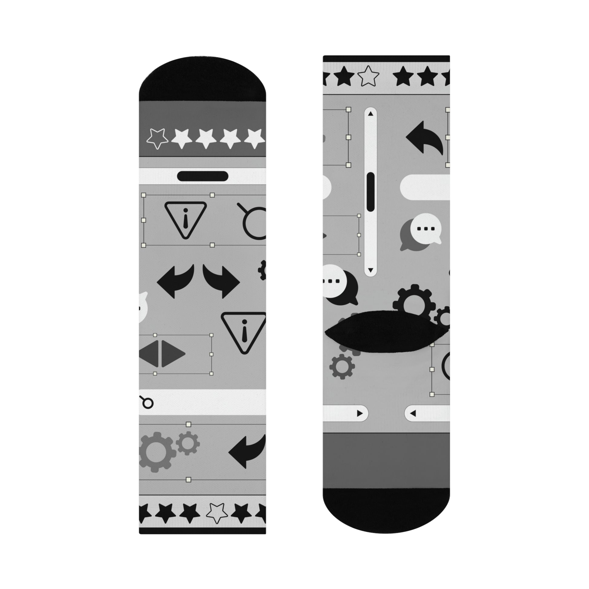 A pair of gray socks with a design of stars, gears, and other graphic elements related to user experience (UX) design.