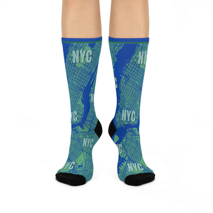 NYC Socks Blue/Green Map Unisex Adult Stretchy Mid Calf Original