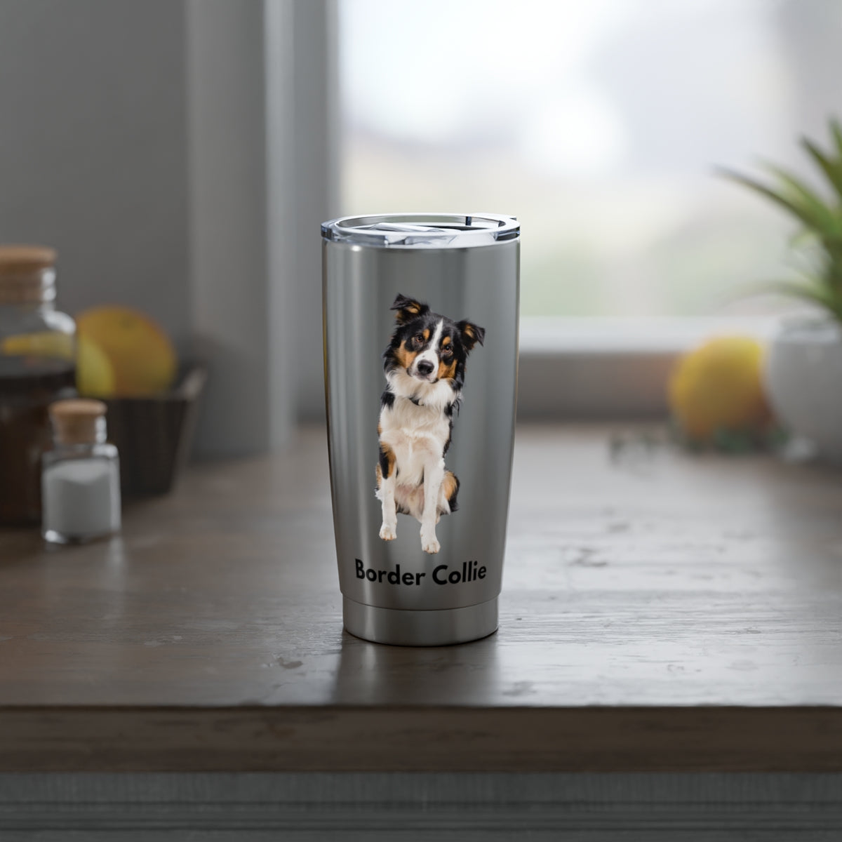 Border Collie 20 oz tumbler, stainless steel, practical drink carrier, fits in car drink holder - The Dapper Dogg